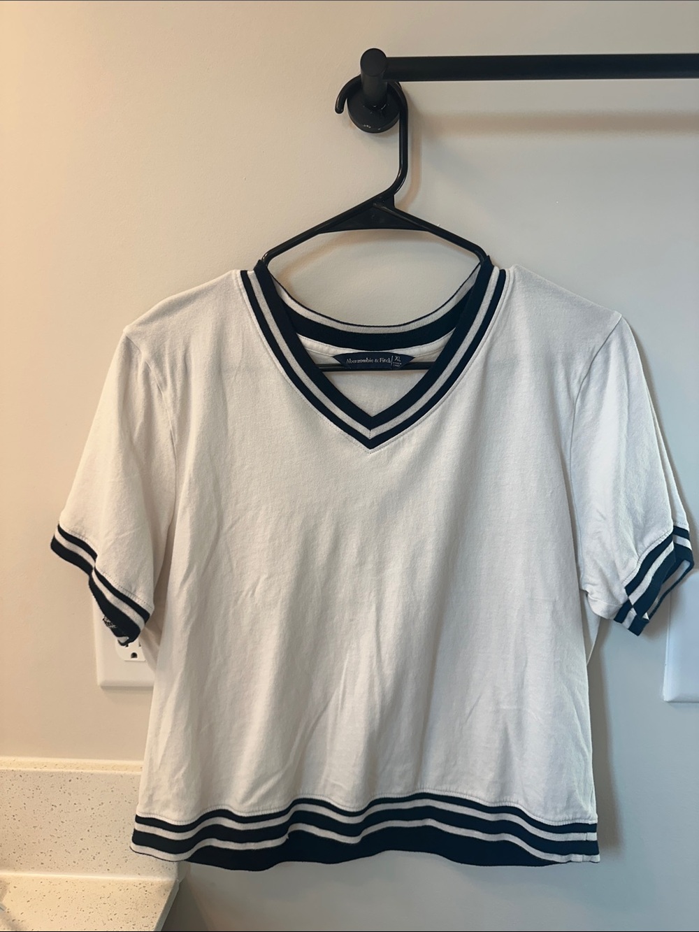 Abercrombie & Fitch White Crop V-Neck Tee with Navy Stripe Trim